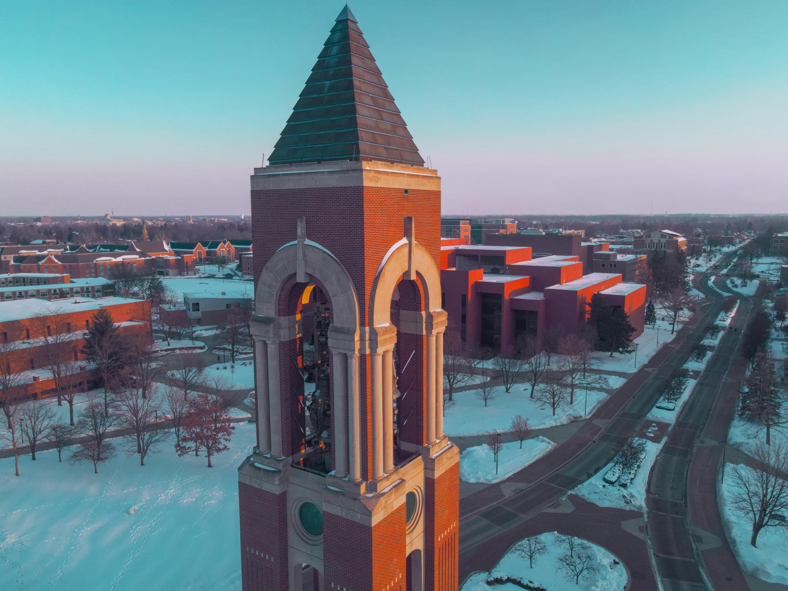 Shafer Tower and the Ball State campus from a drone