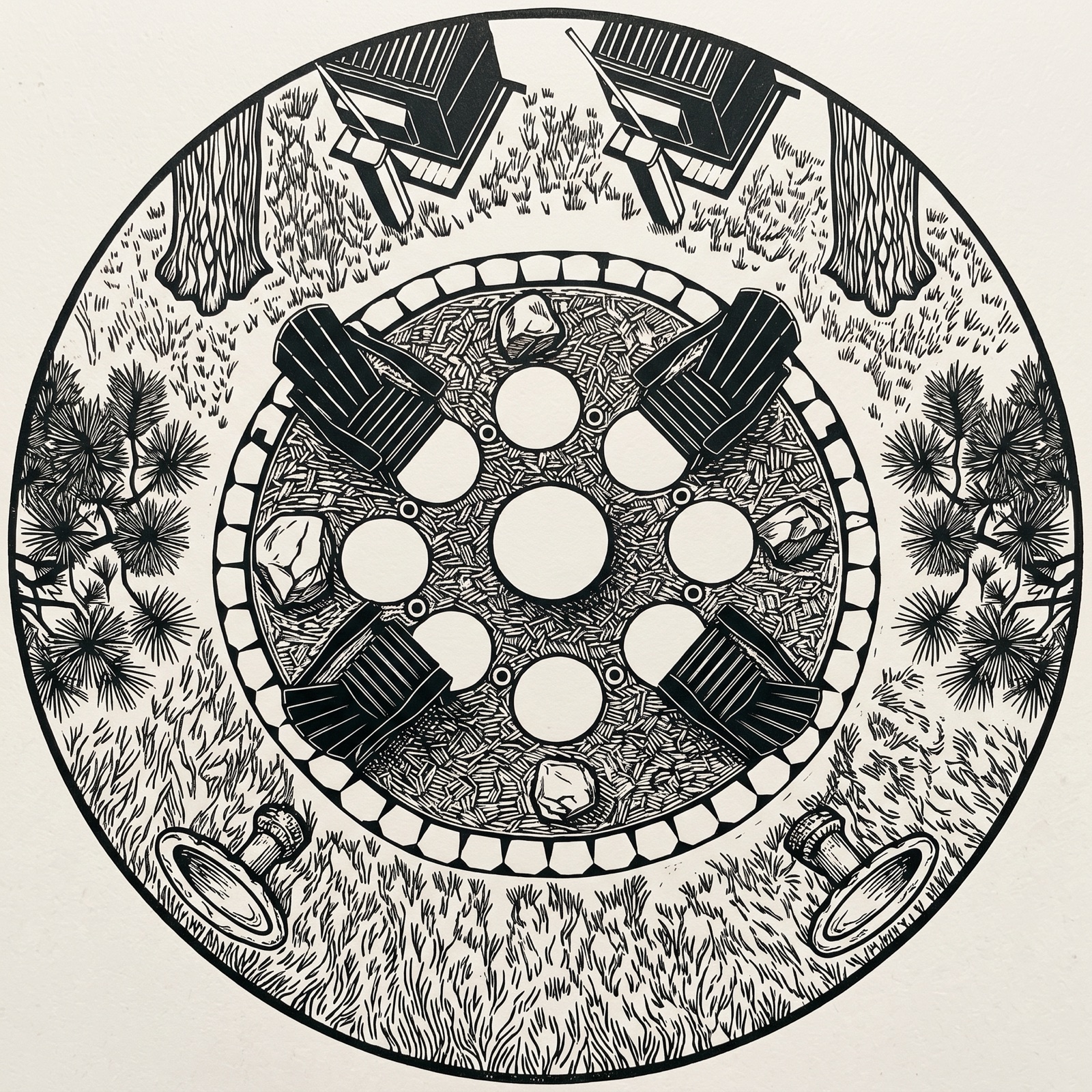 Circular fire pit layout drawn as a linocut