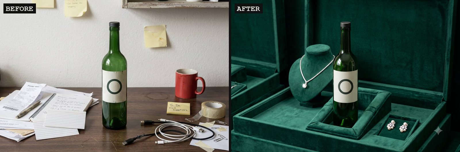 Bottle on a cluttered desk beside the same bottle in a velvet case