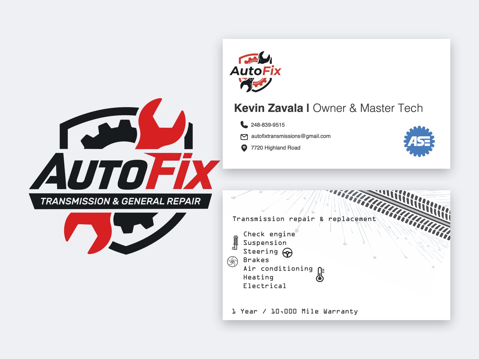 AutoFix shield logo beside the front and back of its business card