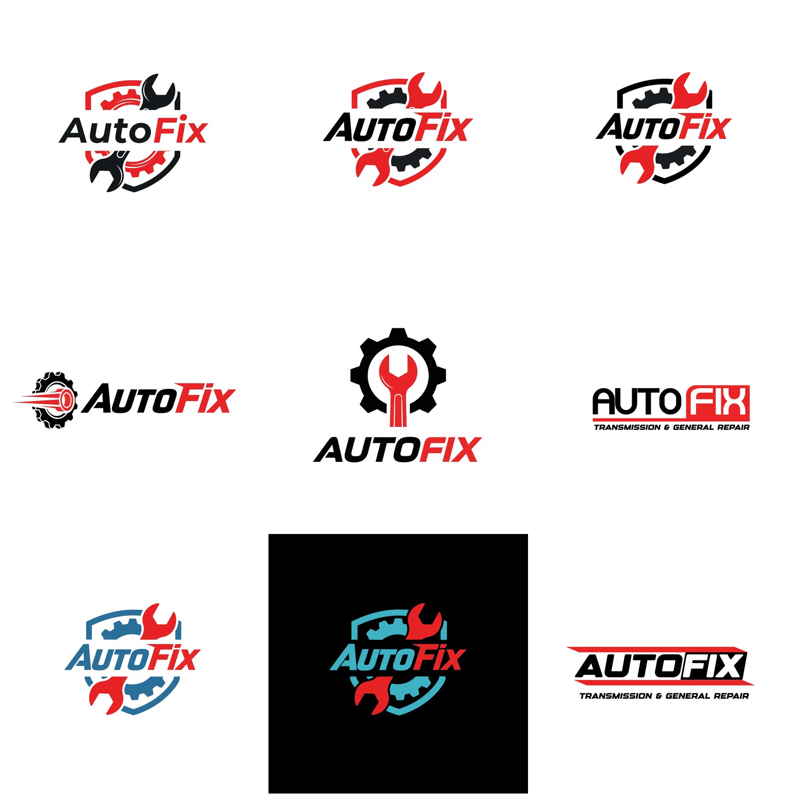 Nine AutoFix logo concepts built from gears, wrenches and shields
