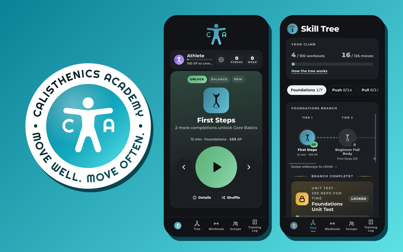 Calisthenics Academy Coach: the home screen and the skill tree