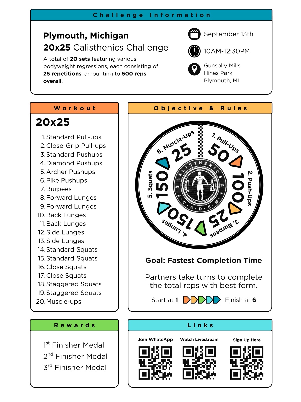 Challenge flyer with the workout list, a rep wheel and sign-up QR codes