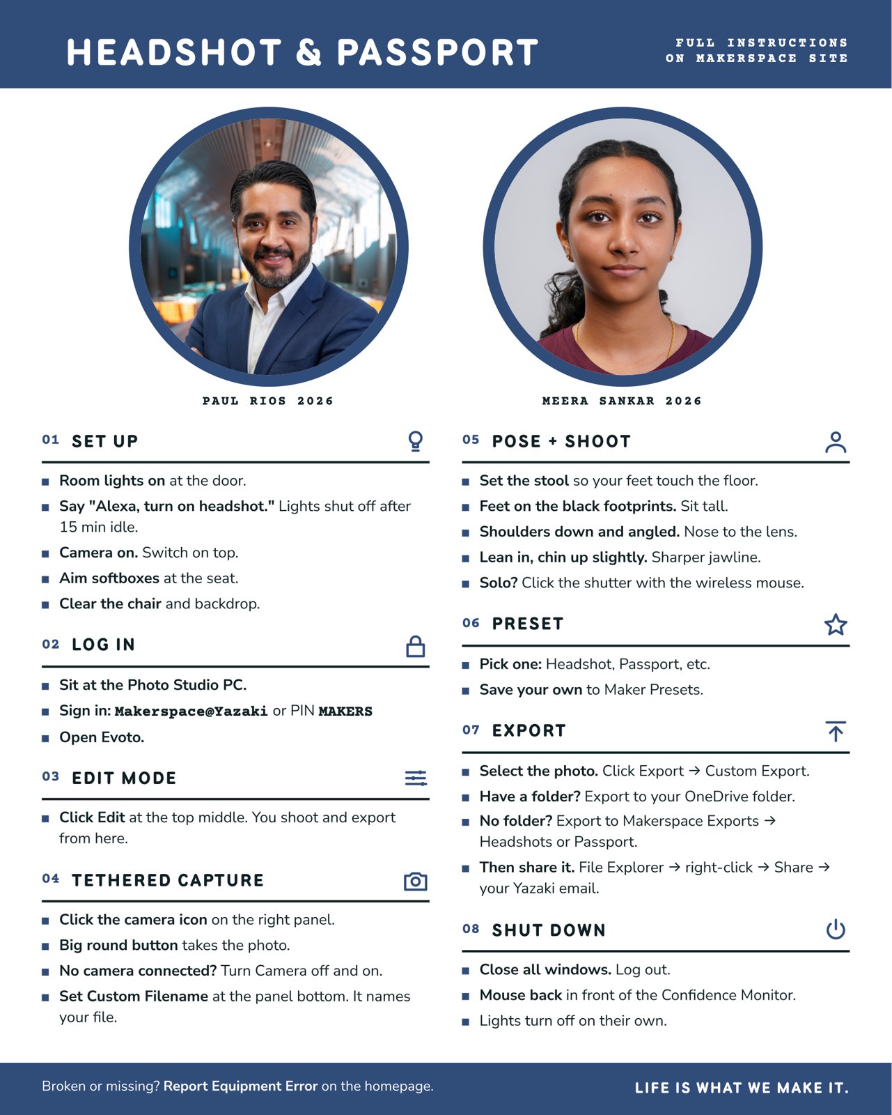 Headshot and Passport instruction card with eight numbered steps