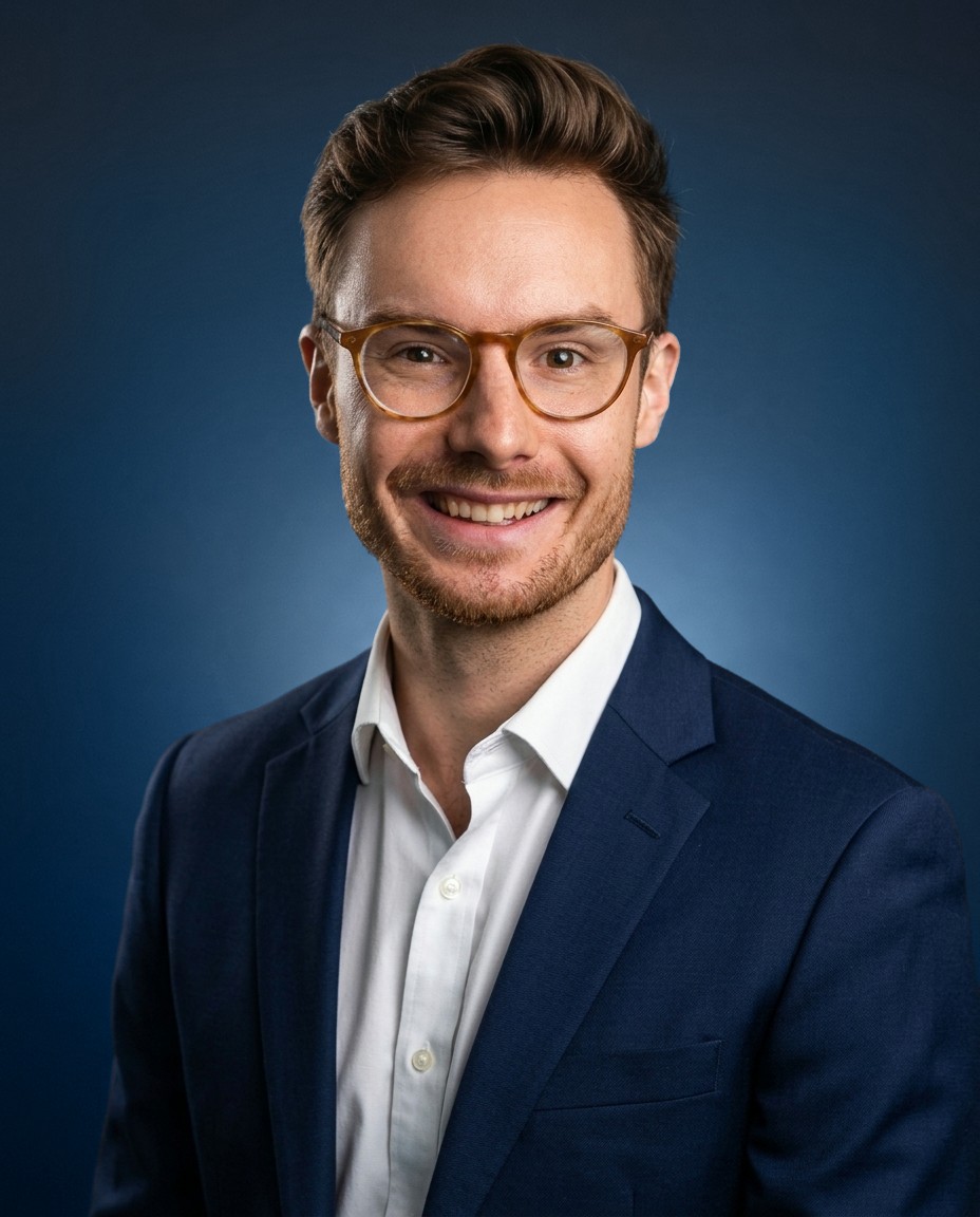 Isaac Miller smiling in glasses, a navy blazer and a white shirt against a navy studio backdrop