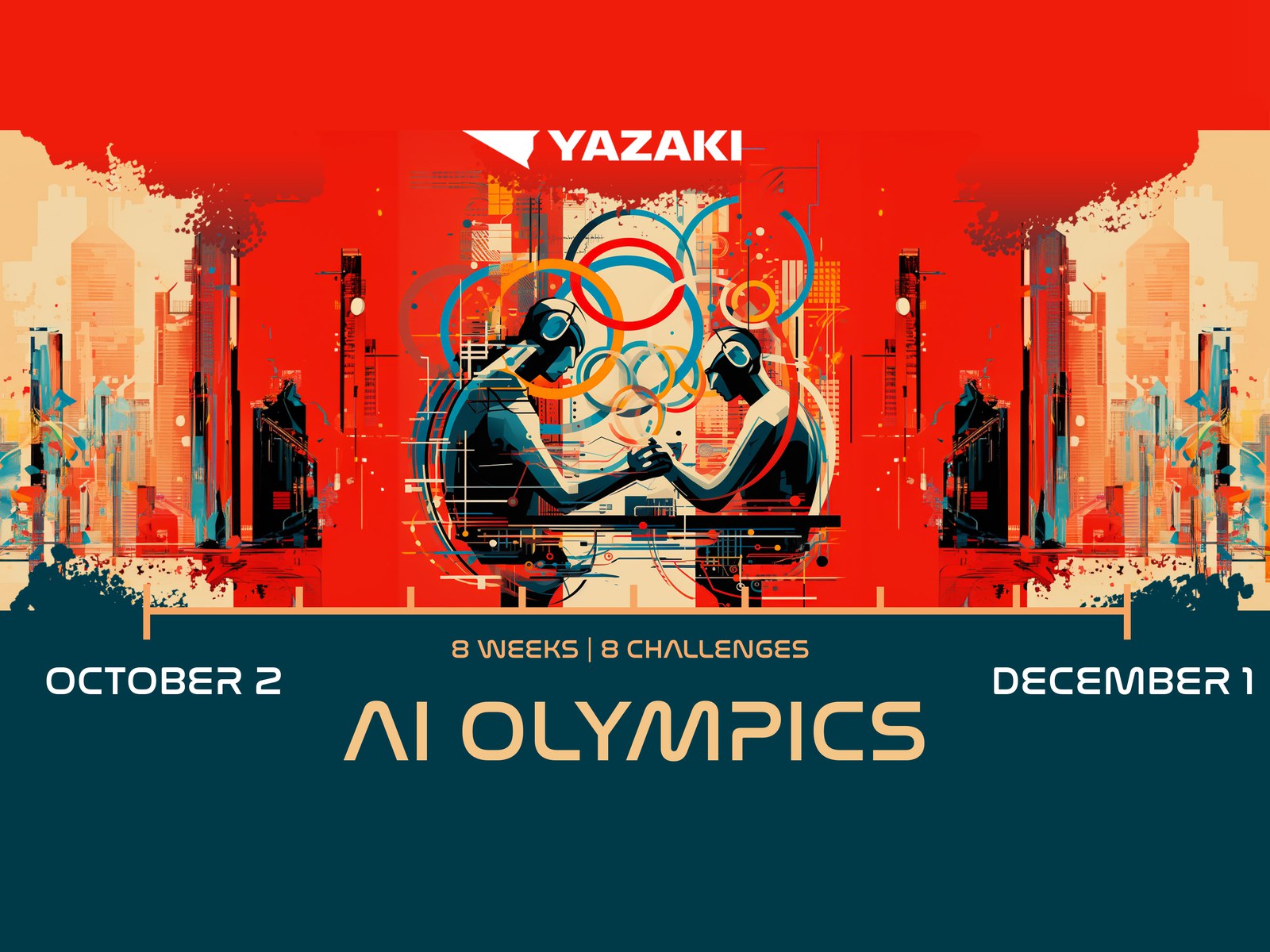 AI Olympics key art: two figures arm wrestling under Olympic rings