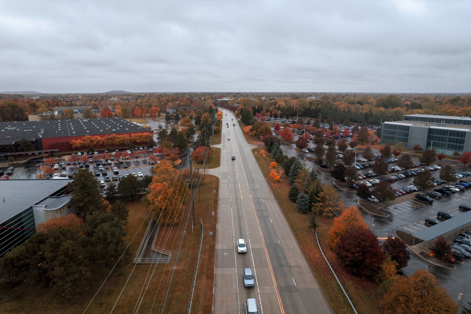 Yazaki campus beside a highway lined with autumn trees, from the drone
